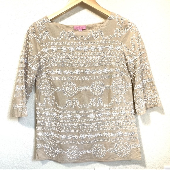 Lilly Pulitzer Tan and White Embroidered Top 561 - Picture 1 of 5